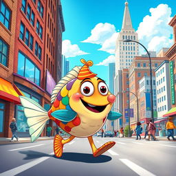 A whimsical, cartoonish scene of a colorful fish walking on the streets of a vibrant city
