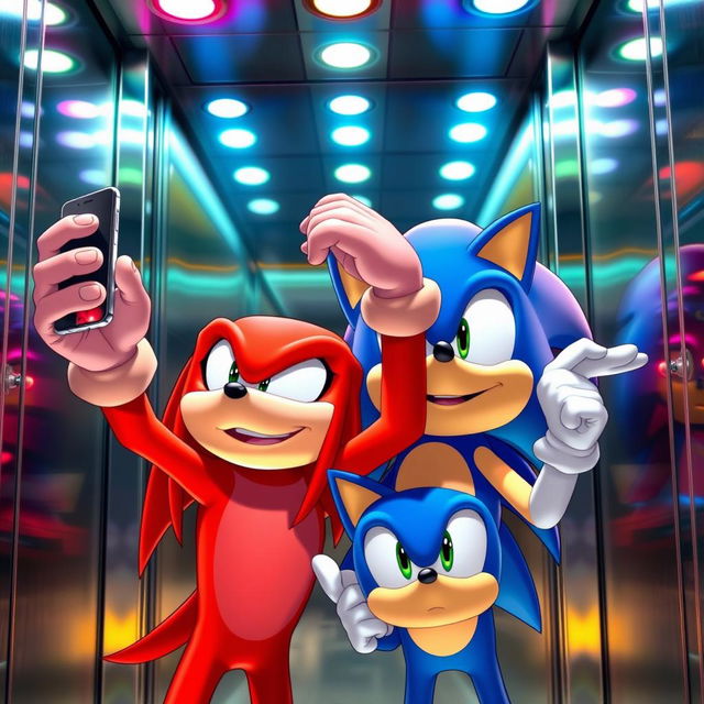 In a brightly lit elevator, two cartoon characters, Knuckles the Echidna and Sonic the Hedgehog, are having fun taking selfies with Knuckles' smartphone