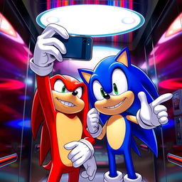 In a brightly lit elevator, two cartoon characters, Knuckles the Echidna and Sonic the Hedgehog, are having fun taking selfies with Knuckles' smartphone