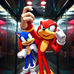 In a brightly lit elevator, two cartoon characters, Knuckles the Echidna and Sonic the Hedgehog, are having fun taking selfies with Knuckles' smartphone