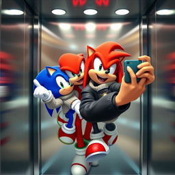 A dynamic scene inside a modern elevator featuring Knuckles, a deep red anthropomorphic echidna with muscular build, dressed in a stylish black jacket, and Sonic, a vibrant blue hedgehog with signature spiky quills, wearing a cozy knitted jacket