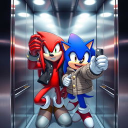 A dynamic scene inside a modern elevator featuring Knuckles, a deep red anthropomorphic echidna with muscular build, dressed in a stylish black jacket, and Sonic, a vibrant blue hedgehog with signature spiky quills, wearing a cozy knitted jacket