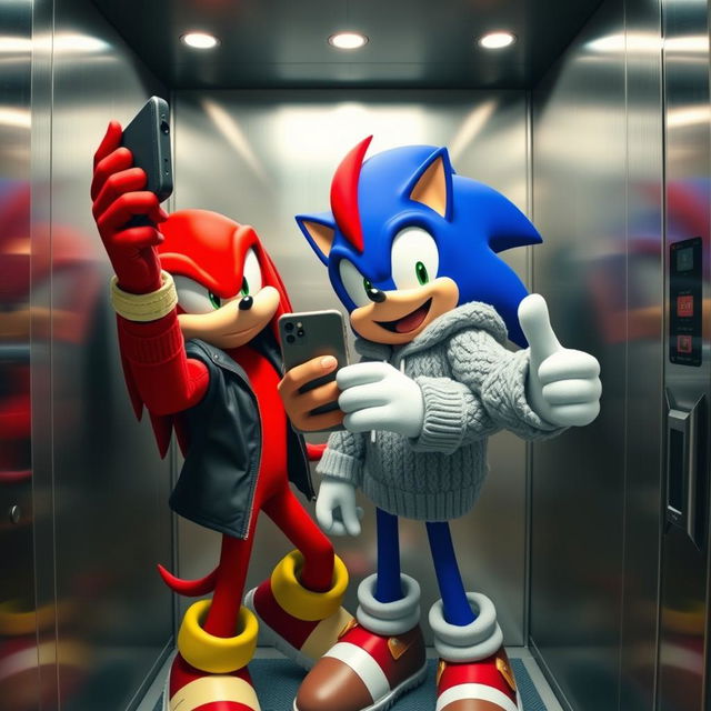 A dynamic scene inside a modern elevator featuring Knuckles, a deep red anthropomorphic echidna with muscular build, dressed in a stylish black jacket, and Sonic, a vibrant blue hedgehog with signature spiky quills, wearing a cozy knitted jacket