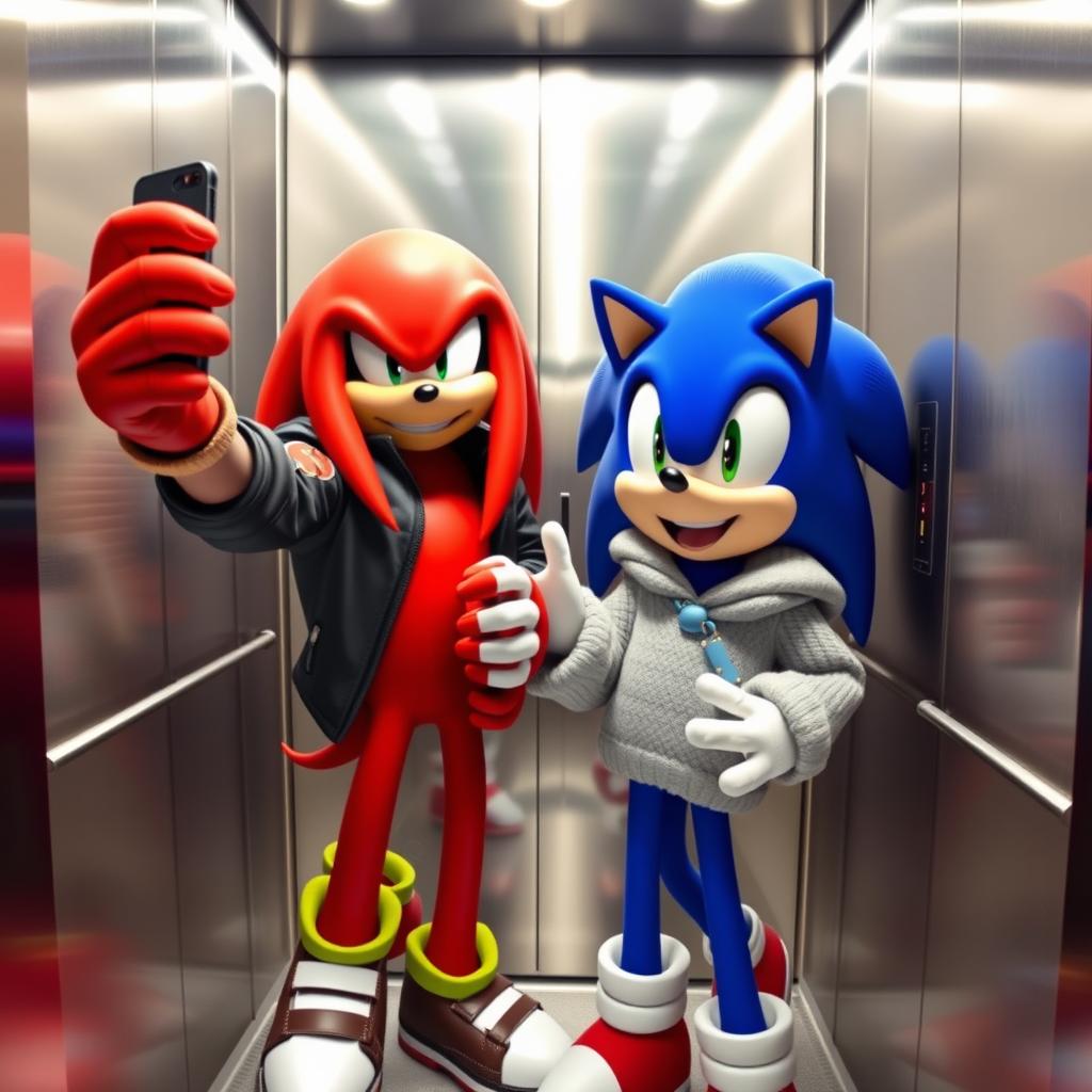 A dynamic scene inside a modern elevator featuring Knuckles, a deep red anthropomorphic echidna with muscular build, dressed in a stylish black jacket, and Sonic, a vibrant blue hedgehog with signature spiky quills, wearing a cozy knitted jacket