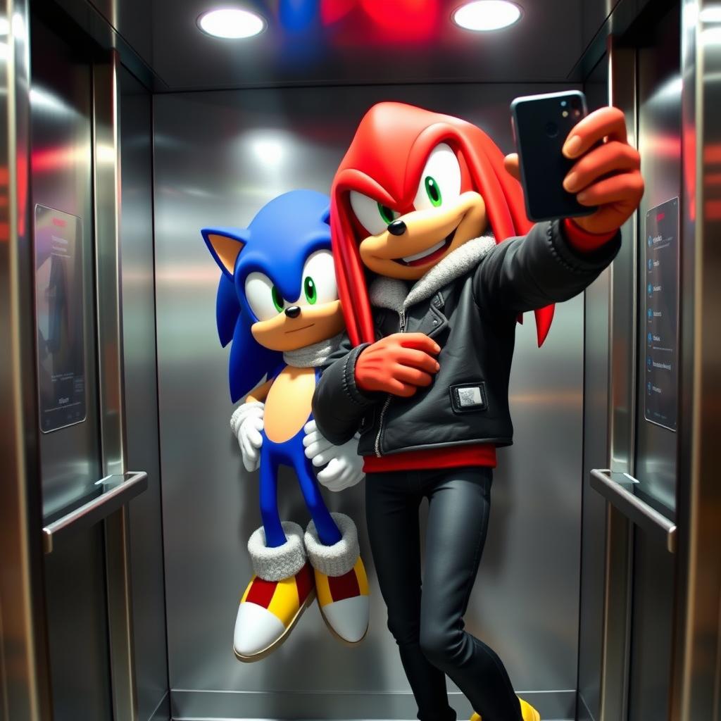 A colorful and dynamic scene inside an elevator featuring Knuckles the Echidna and Sonic the Hedgehog