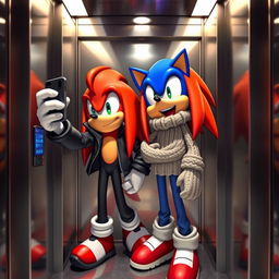A colorful and dynamic scene inside an elevator featuring Knuckles the Echidna and Sonic the Hedgehog