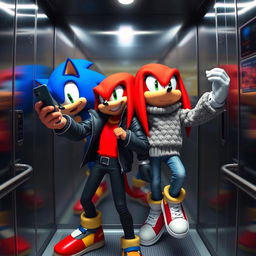A colorful and dynamic scene inside an elevator featuring Knuckles the Echidna and Sonic the Hedgehog