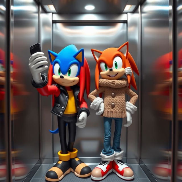 A colorful and dynamic scene inside an elevator featuring Knuckles the Echidna and Sonic the Hedgehog