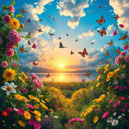 A vibrant and colorful landscape filled with lush greenery, blooming flowers in various shades of pink, yellow, and purple, a clear blue sky with fluffy white clouds, and a serene lake reflecting the colors of the sunset