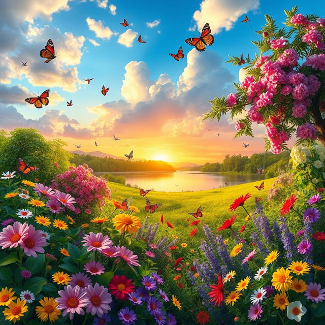 A vibrant and colorful landscape filled with lush greenery, blooming flowers in various shades of pink, yellow, and purple, a clear blue sky with fluffy white clouds, and a serene lake reflecting the colors of the sunset