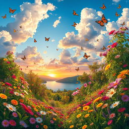 A vibrant and colorful landscape filled with lush greenery, blooming flowers in various shades of pink, yellow, and purple, a clear blue sky with fluffy white clouds, and a serene lake reflecting the colors of the sunset