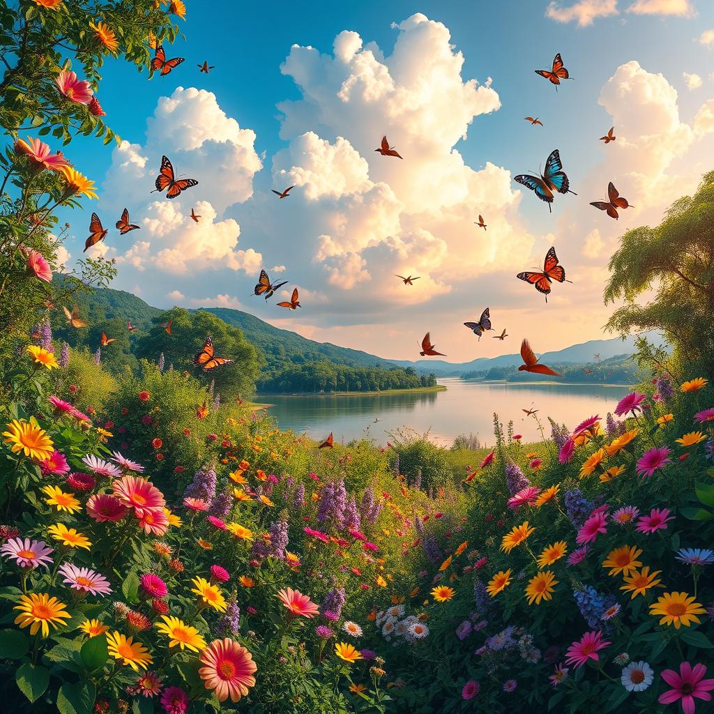 A vibrant and colorful landscape filled with lush greenery, blooming flowers in various shades of pink, yellow, and purple, a clear blue sky with fluffy white clouds, and a serene lake reflecting the colors of the sunset