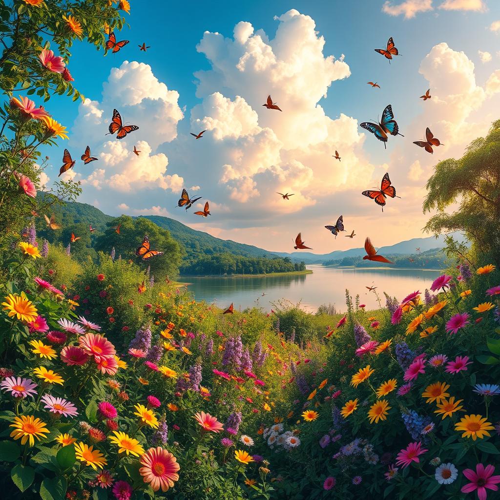 A vibrant and colorful landscape filled with lush greenery, blooming flowers in various shades of pink, yellow, and purple, a clear blue sky with fluffy white clouds, and a serene lake reflecting the colors of the sunset