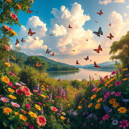 A vibrant and colorful landscape filled with lush greenery, blooming flowers in various shades of pink, yellow, and purple, a clear blue sky with fluffy white clouds, and a serene lake reflecting the colors of the sunset