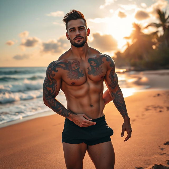 A muscular man standing on a beautiful beach with waves crashing gently in the background