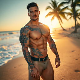 A muscular man standing on a beautiful beach with waves crashing gently in the background