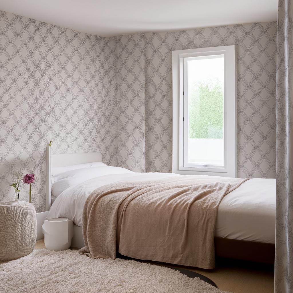 A chic bedroom with short walls and a single small window on the right side covered in beautiful wallpaper. The room is stylishly furnished, showcasing an elegant and trendy atmosphere.