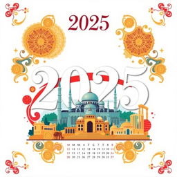 A beautifully designed calendar page featuring the year 2025, highlighted with artistic elements that symbolize the new Syrian culture and heritage