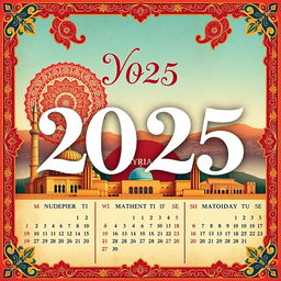 A beautifully designed calendar page featuring the year 2025, highlighted with artistic elements that symbolize the new Syrian culture and heritage
