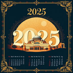 A beautifully designed calendar page featuring the year 2025, highlighted with artistic elements that symbolize the new Syrian culture and heritage