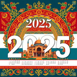 A beautifully designed calendar page featuring the year 2025, highlighted with artistic elements that symbolize the new Syrian culture and heritage