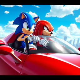 A dynamic scene featuring Sonic the Hedgehog and Knuckles the Echidna, with Sonic sitting casually in the passenger seat and Knuckles behind the wheel of a sleek, high-performance Ferrari