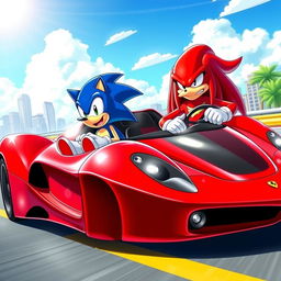 A dynamic scene featuring Sonic the Hedgehog and Knuckles the Echidna, with Sonic sitting casually in the passenger seat and Knuckles behind the wheel of a sleek, high-performance Ferrari