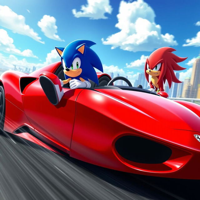 A dynamic scene featuring Sonic the Hedgehog and Knuckles the Echidna, with Sonic sitting casually in the passenger seat and Knuckles behind the wheel of a sleek, high-performance Ferrari