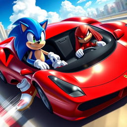 A dynamic scene featuring Sonic the Hedgehog and Knuckles the Echidna, with Sonic sitting casually in the passenger seat and Knuckles behind the wheel of a sleek, high-performance Ferrari