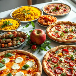 A beautifully arranged table featuring a vibrant Persian feast and assorted pizzas