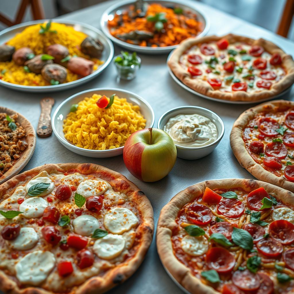 A beautifully arranged table featuring a vibrant Persian feast and assorted pizzas