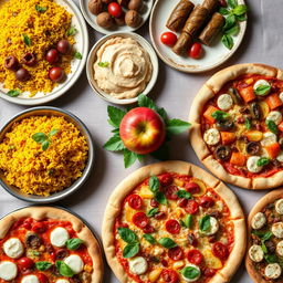 A beautifully arranged table featuring a vibrant Persian feast and assorted pizzas