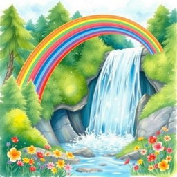 A vibrant and colorful rainbow arching gracefully over a majestic waterfall, cascading with splashes of water creating misty sprays