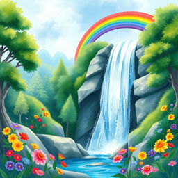 A vibrant and colorful rainbow arching gracefully over a majestic waterfall, cascading with splashes of water creating misty sprays