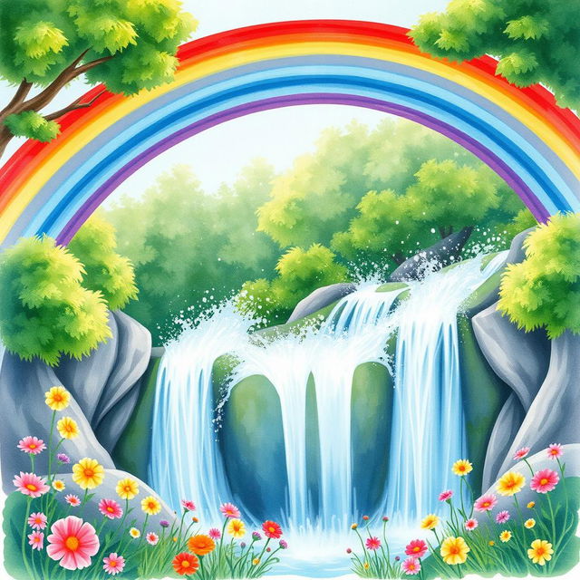 A vibrant and colorful rainbow arching gracefully over a majestic waterfall, cascading with splashes of water creating misty sprays