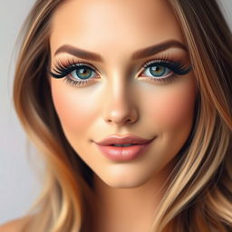 A portrait of a woman with exceptionally long, beautifully curled, and dramatic eyelash extensions that frame her eyes, showcasing a captivating gaze