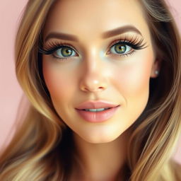 A portrait of a woman with exceptionally long, beautifully curled, and dramatic eyelash extensions that frame her eyes, showcasing a captivating gaze