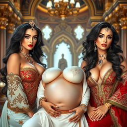 A majestic scene featuring voluptuous women with large breasts, dressed in ornate and luxurious outfits inspired by Middle Eastern sultans