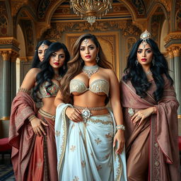 A majestic scene featuring voluptuous women with large breasts, dressed in ornate and luxurious outfits inspired by Middle Eastern sultans
