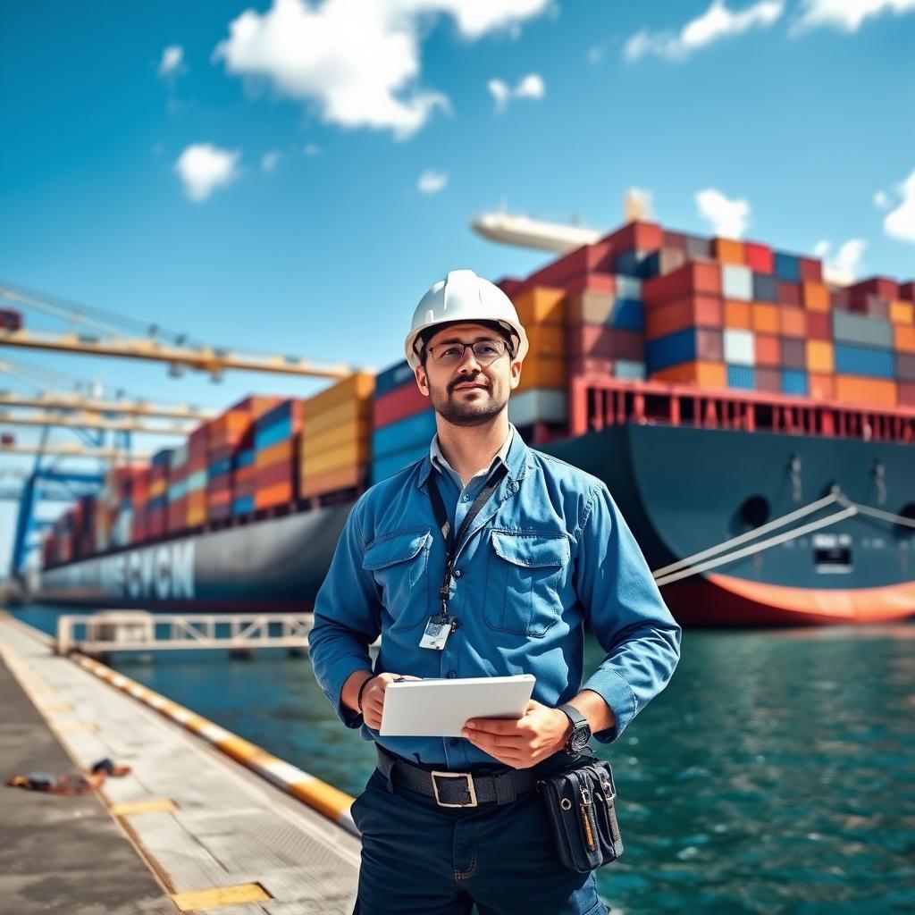 A marine cargo surveyor standing confidently in front of a massive container ship docked at a jetty berth