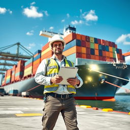 A marine cargo surveyor standing confidently in front of a massive container ship docked at a jetty berth