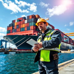 A marine cargo surveyor standing confidently in front of a massive container ship docked at a jetty berth
