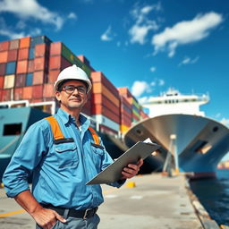 A marine cargo surveyor standing confidently in front of a massive container ship docked at a jetty berth