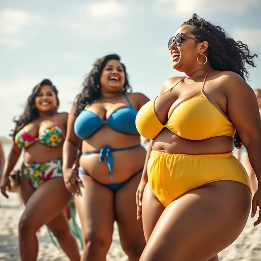 A lively scene featuring voluptuous women with big breasts engaging in a playful activity, dressed in colorful and fashionable beachwear that accentuates their curves