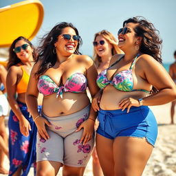 A lively scene featuring voluptuous women with big breasts engaging in a playful activity, dressed in colorful and fashionable beachwear that accentuates their curves