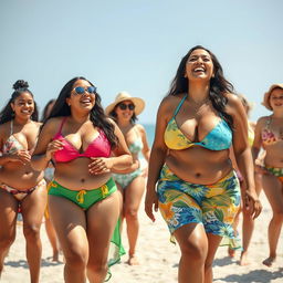 A lively scene featuring voluptuous women with big breasts engaging in a playful activity, dressed in colorful and fashionable beachwear that accentuates their curves