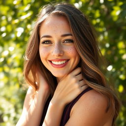 A beautiful woman with an abundance of freckles adorning her face and arms, showcasing a natural and carefree look
