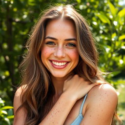 A beautiful woman with an abundance of freckles adorning her face and arms, showcasing a natural and carefree look