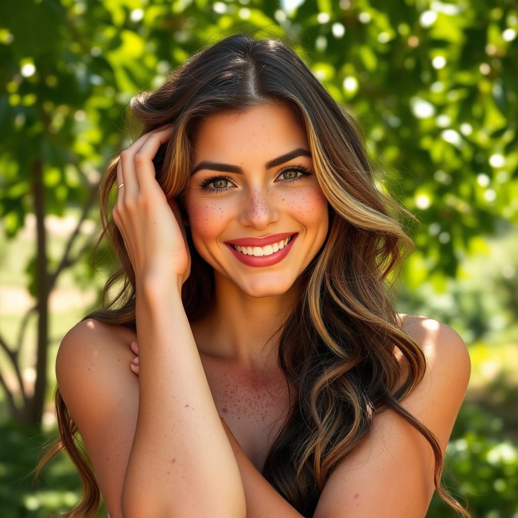 A beautiful woman with an abundance of freckles adorning her face and arms, showcasing a natural and carefree look