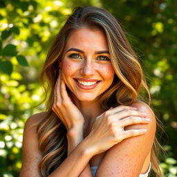 A beautiful woman with an abundance of freckles adorning her face and arms, showcasing a natural and carefree look